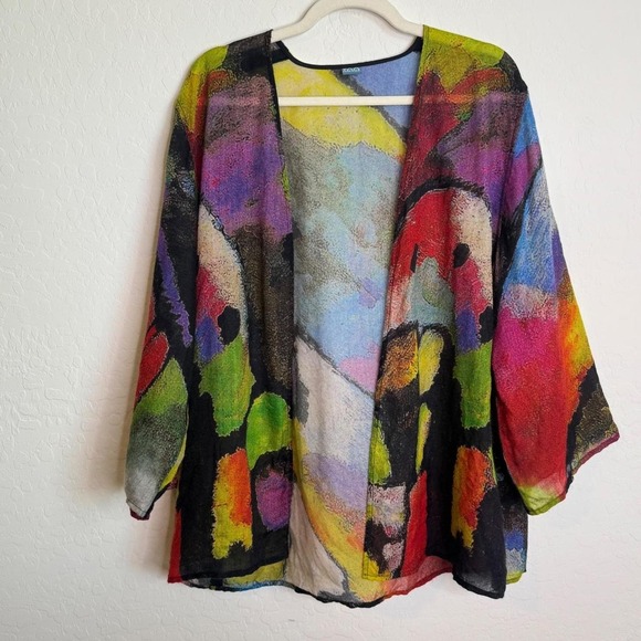 Tao House Sweaters - VTG Tao House 100% Wool Abstract Art Kimono Cardigan Jacket Multicolor L XL